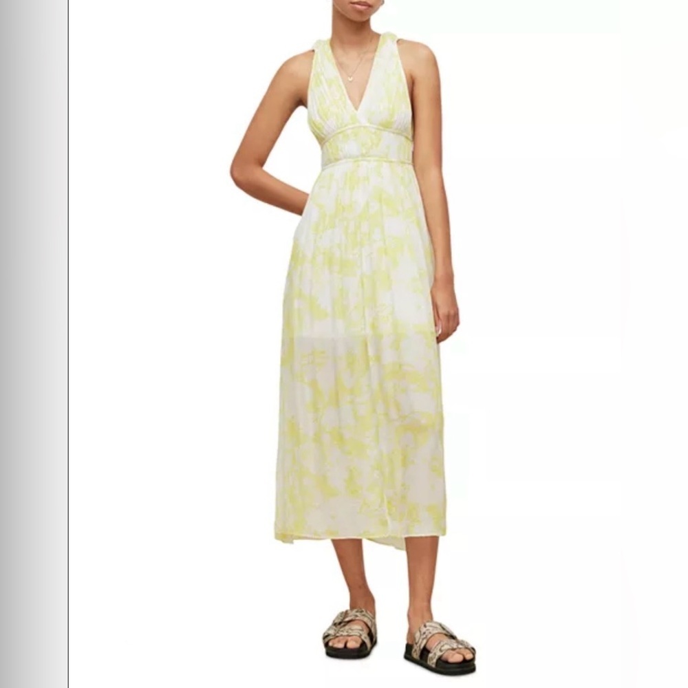 AllSaints White and Pale Yellow Halter Midi Dress